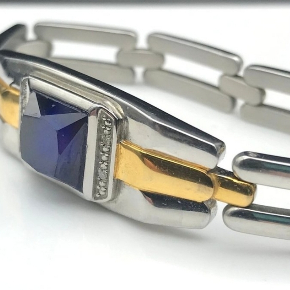 Danbury Mint Sapphire and Diamond Bracelet, Vintage Stainless Steel Links